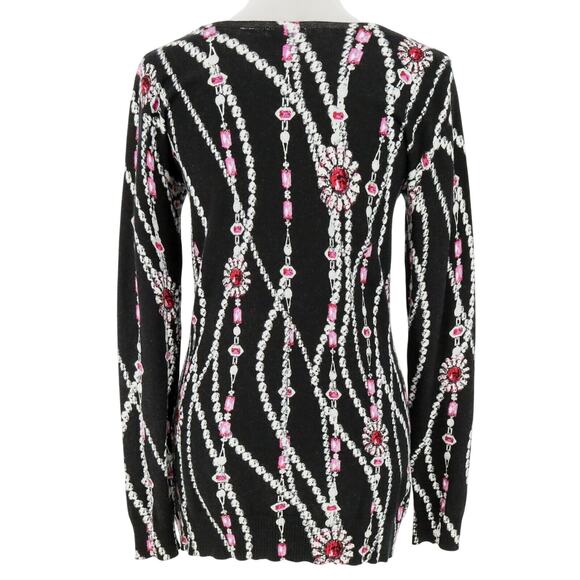 Cache Sweater Womens Medium Black Pink Low Cut Out Jewelry Print Pullover - Picture 2 of 11